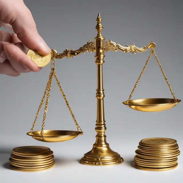 Two hands signing a contract with scales tipped towards gold coins, emphasizing fairness and balance.