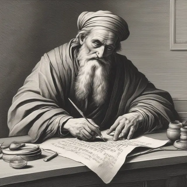 An ancient scribe meticulously creating a scroll adorned with numerous standardized legal terms, symbolizing the creation of boilerplate templates