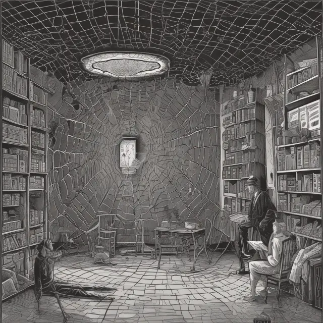 Image of boiler room salespersons manipulating potential investors inside a deceptive, spider-webbed lair