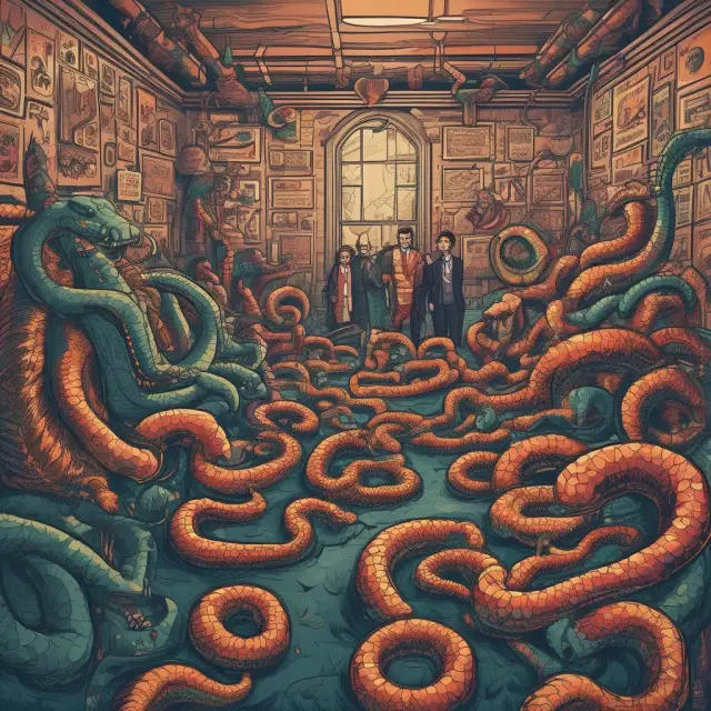 Boiler Room with binary options, advance fee, and microcap scams depicted as snakes manipulating unsuspecting investors