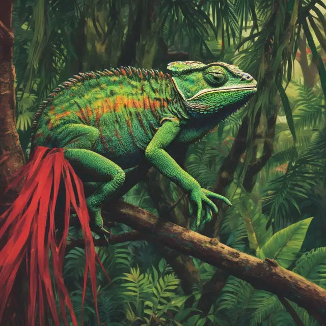 Chameleon salesperson in a jungle, showcasing exaggerated promises and high-pressure tactics while concealing red flags.