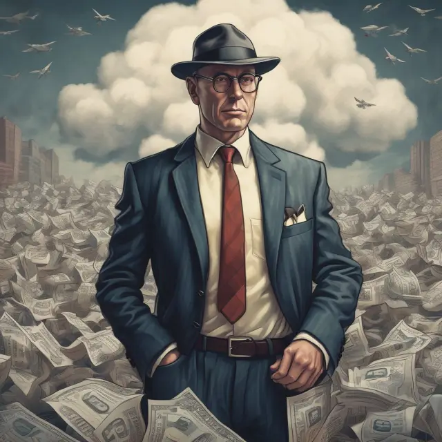 An investor safeguarding themselves with a shield against a group of scheming salespeople attempting to sell fraudulent investments.