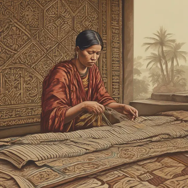 A banker intricately crafts a golden tapestry from bank-owned life insurance policies and gold threads, symbolizing tax savings, employee benefits, and financial growth.