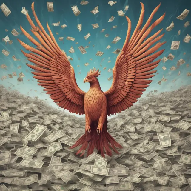 Phoenix signifying creditworthiness flies above a tranquil sea of banknotes, emphasizing stable BOLI investments.