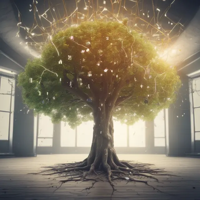 A digital tree with branches extending to HR platforms, wealth management tools, and advanced analytics leaves symbolizes the evolving landscape of bank-owned life insurance