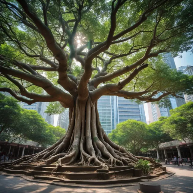A banyan tree with roots representing major international stock exchanges: BSE (India), NYSE (US), Nasdaq (US), LSE (UK), TSE (Japan), and Shanghai Stock Exchange (China)