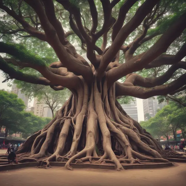 An ancient banyan tree with intertwined stock market graphs representing Dalal Street