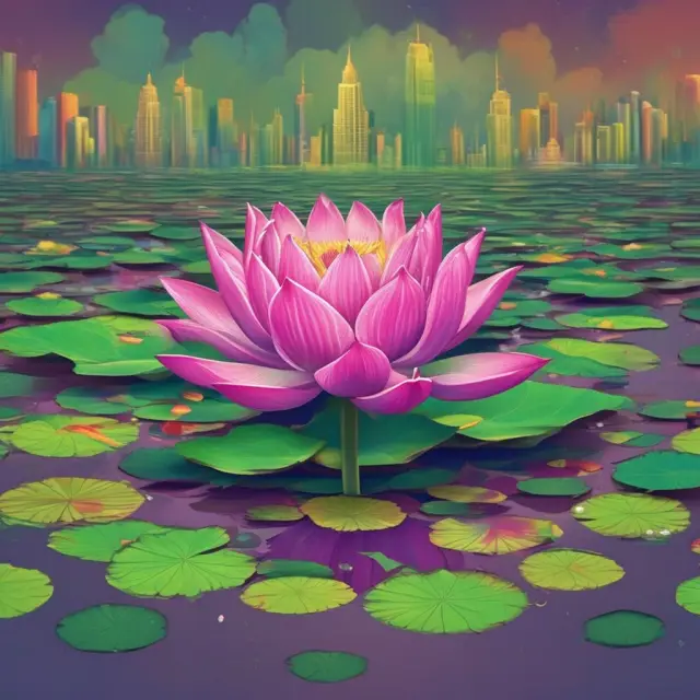 Lotus flower thriving in a pond filled with stocks, bonds, indices, and other securities