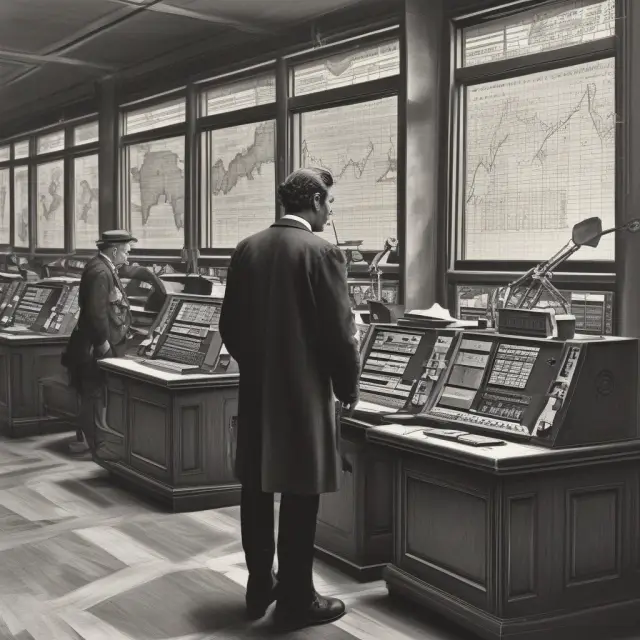 Time traveler witnessing stock exchange transition: Open floor to electronic screens
