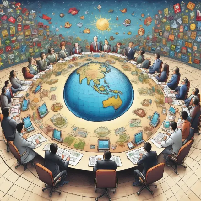 A metaphorical image of various stock exchange logos gathered around a table for a comparative analysis