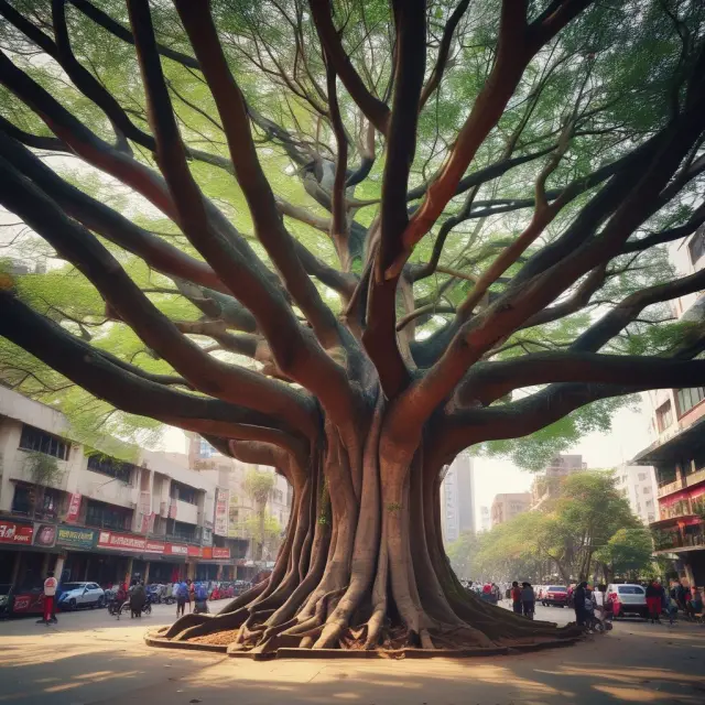 A banyan tree with its extensive roots symbolizing BSE and its intertwined branches representing the Indian economy, thriving amidst the bustling Dalal Street