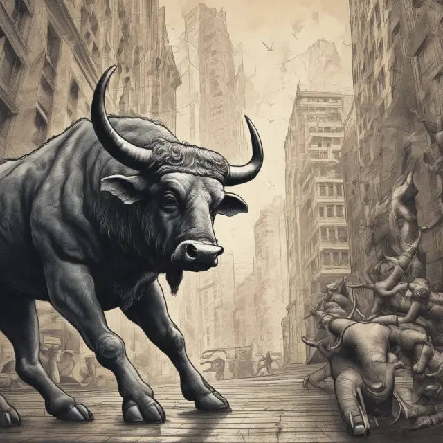 Bulls and bears traversing a complex maze representing the Bombay Stock Exchange, emphasizing managing risks and employing strategies