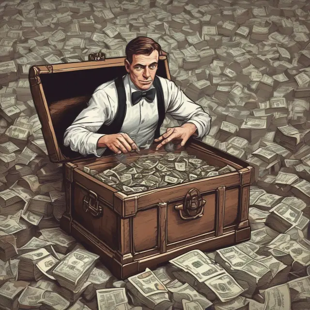 A bond trader examines various discounted bonds from a treasure chest, assessing the present value of their cash flows against interest rates for potential capital appreciation