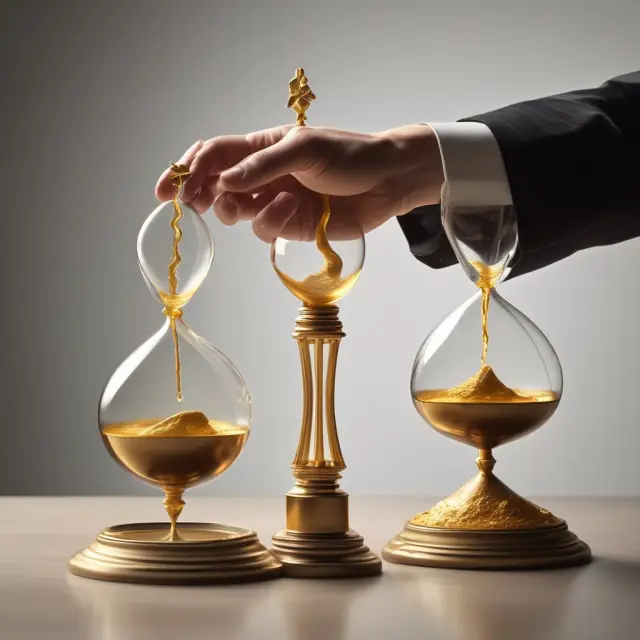 A person with golden hands pours transparent liquid into an hourglass, revealing bond ETF ticker symbols flowing through, representing their ease of liquidity and transparency