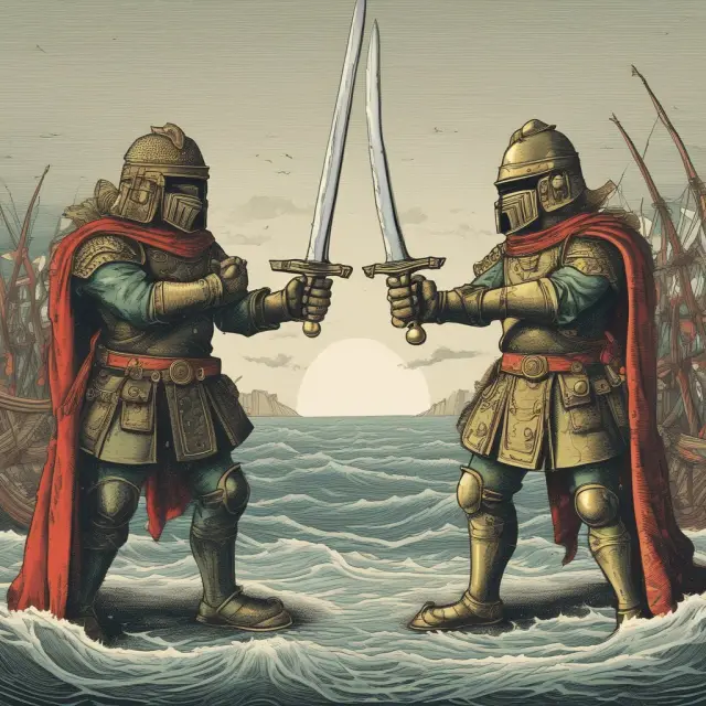 A sword suspended between two hands represents bond rating agencies. Waves symbolize market volatility, while conflicting interests are personified by snakes trying to manipulate the blade.