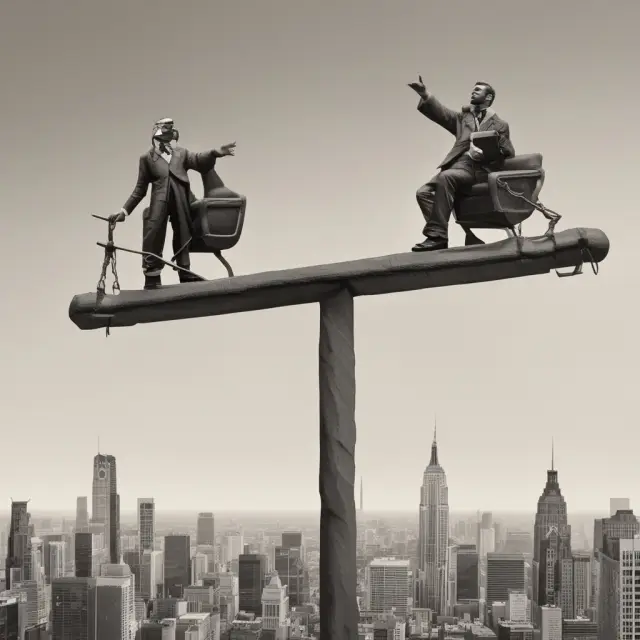 A see-saw with bond rating agencies on either end, representing their impact during the 2008 financial crisis. Influence and uncertainty swing back and forth.