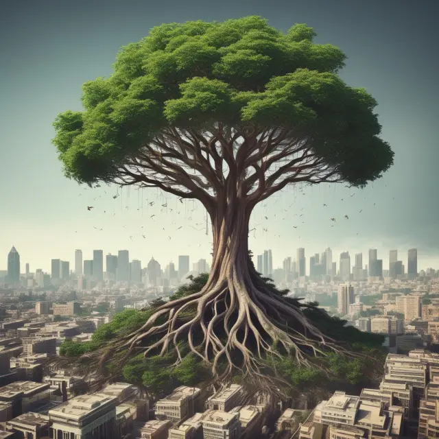 Two trees symbolizing governments and corporations growing from a pool of investors