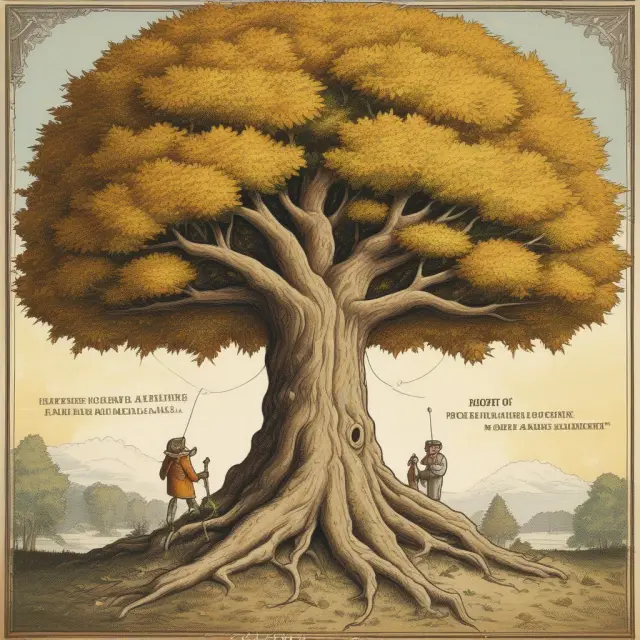 A bond represented as a mature tree with the face value symbolized by a trunk, maturity date as branches, and coupon rate as the sun providing golden interest payments as leaves.