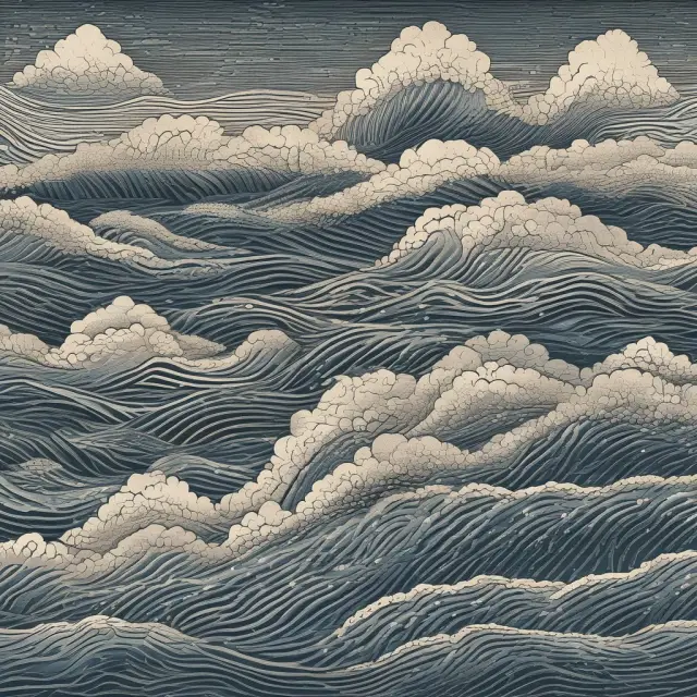 A serene river symbolizes duration, flowing continuously as interest rate currents represent changes. Convexity is depicted by undulating waves, illustrating a bond