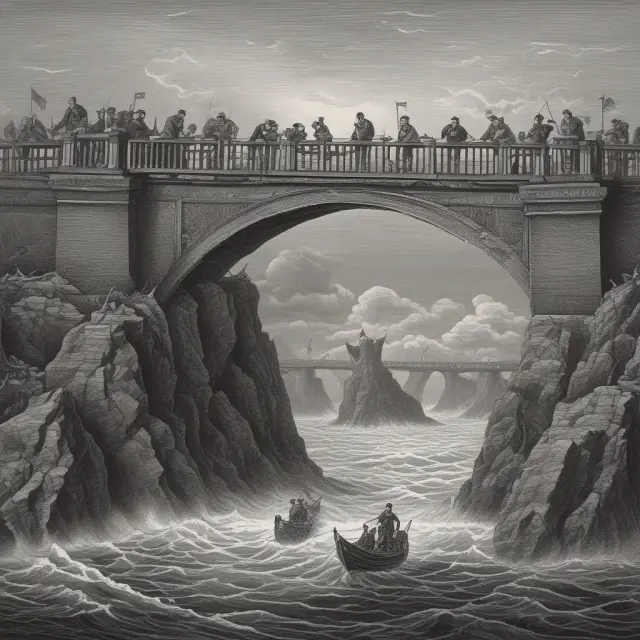 A bondholder on a stable bridge representing security and income vs. a stockholder navigating a choppy sea with decision-making power