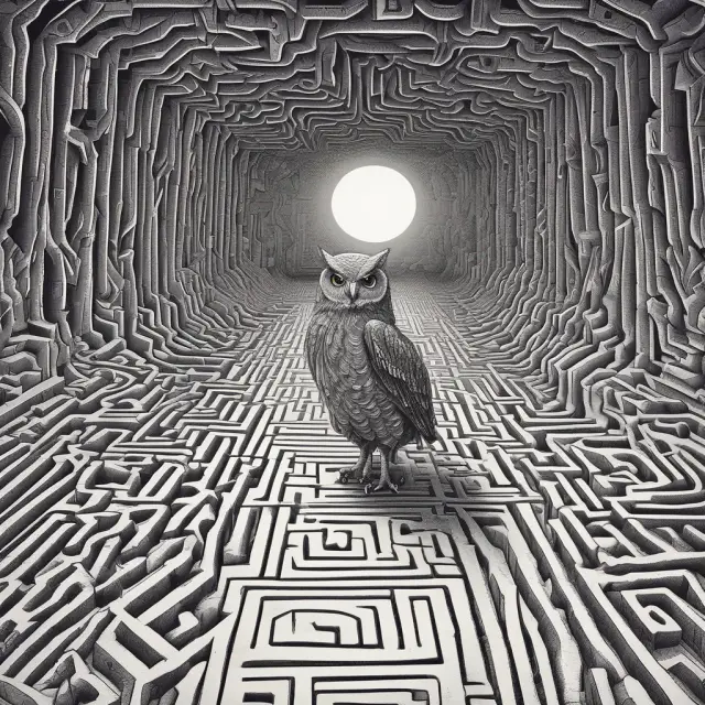 A bondholder navigates an intricate maze with the help of a wise owl representing FAQs and guidance
