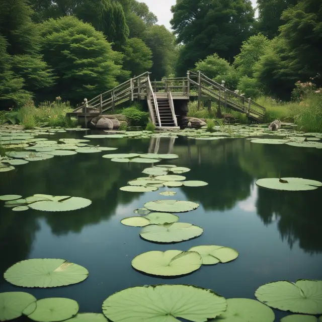 A still pond filled with lily pads of different sizes symbolizing the ideal bond ladder with varied maturities.