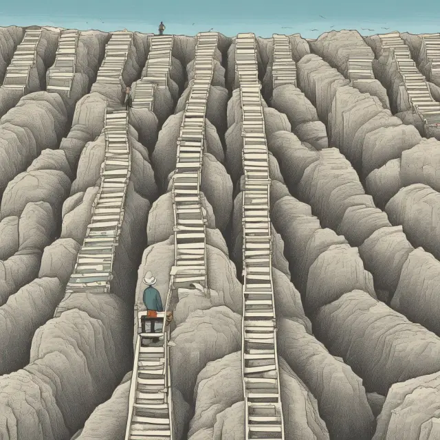 An investor scaling a mountain of bonds, adjusting ladder rungs to reflect income-focused (income), growth-oriented (growth), or balanced (balance) investment strategies