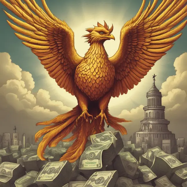 A golden phoenix resting atop a towering pile of government bonds, illustrating their longstanding financial significance