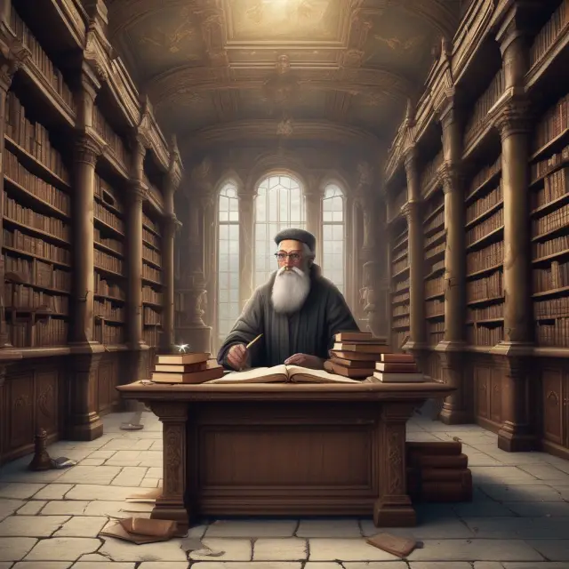 Wisdomful librarian in an ancient library guards scrolls symbolizing mortgage-backed bonds.