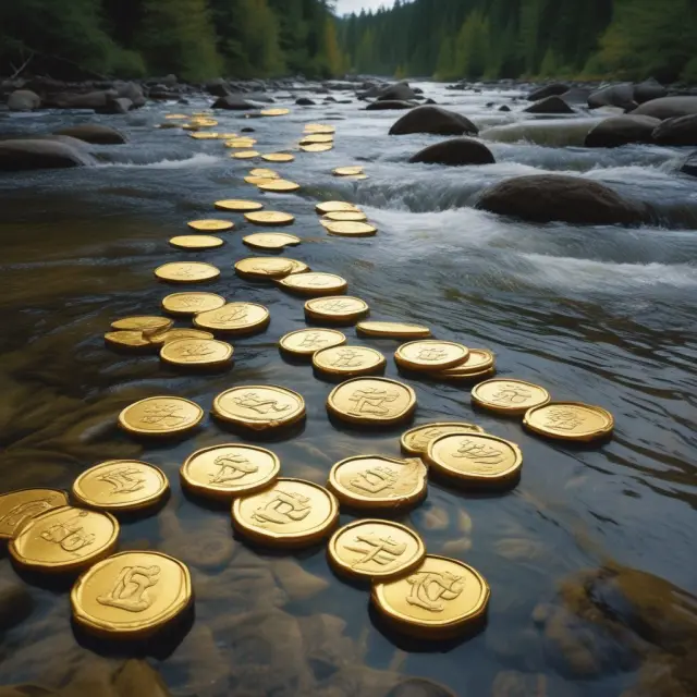 A crystal clear river carrying golden coins representing investment grade bonds, emphasizing their safety, stability, and income generation.