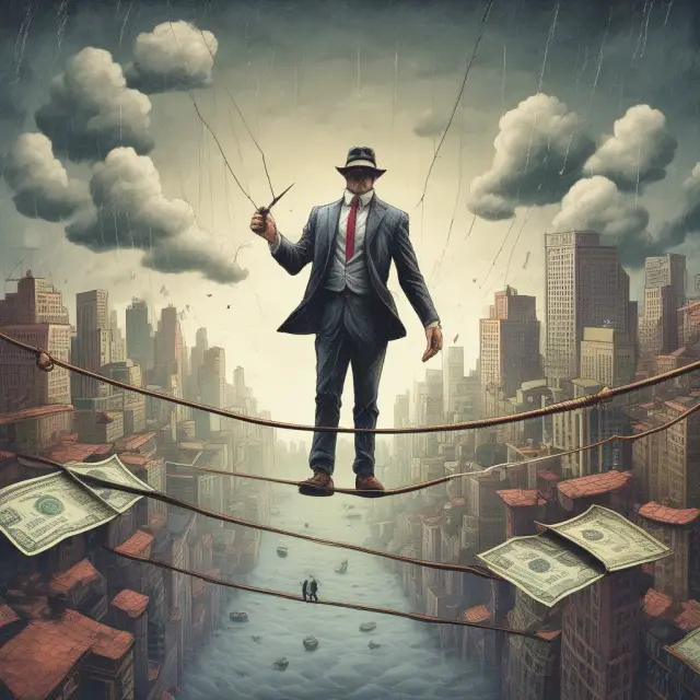 An investor braves risk on a tightrope while juggling non-investment grade bonds amidst investment grade securities in the rain