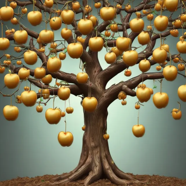 Golden apples symbolize signing bonuses, linked chains represent referral bonuses, and hourglasses signify retention bonuses in this image illustrating employee incentives.