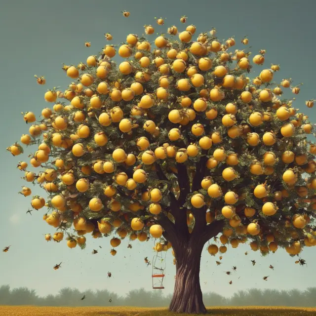 Golden apples represent performance bonuses on a tree surrounded by hardworking bees. This metaphorical image illustrates the process of exceptional work leading to rewards.