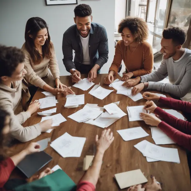 Employees gathered around a table receiving their holiday bonuses in the form of envelopes. Gratitude expressed through tradition.
