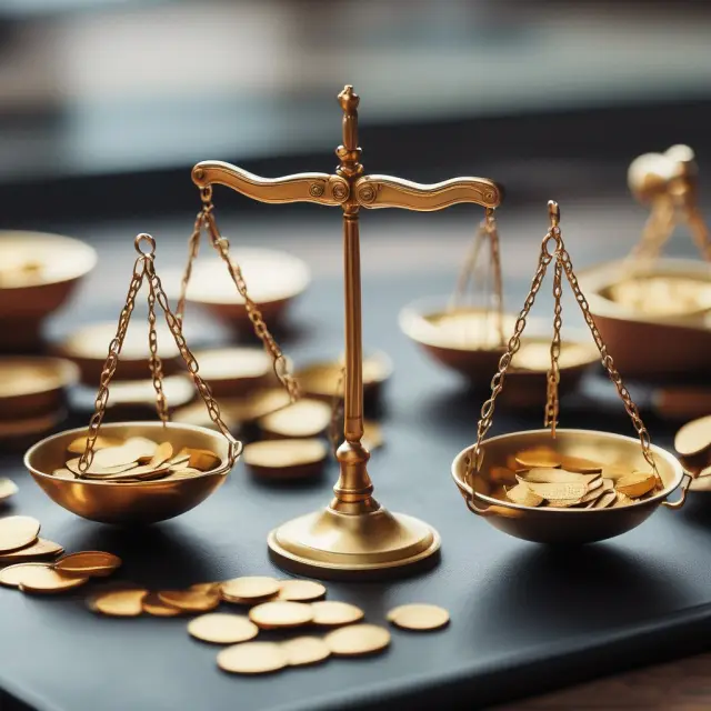 Golden scale with employees on one side and coins on the other, emphasizing fair compensation through wages and bonuses