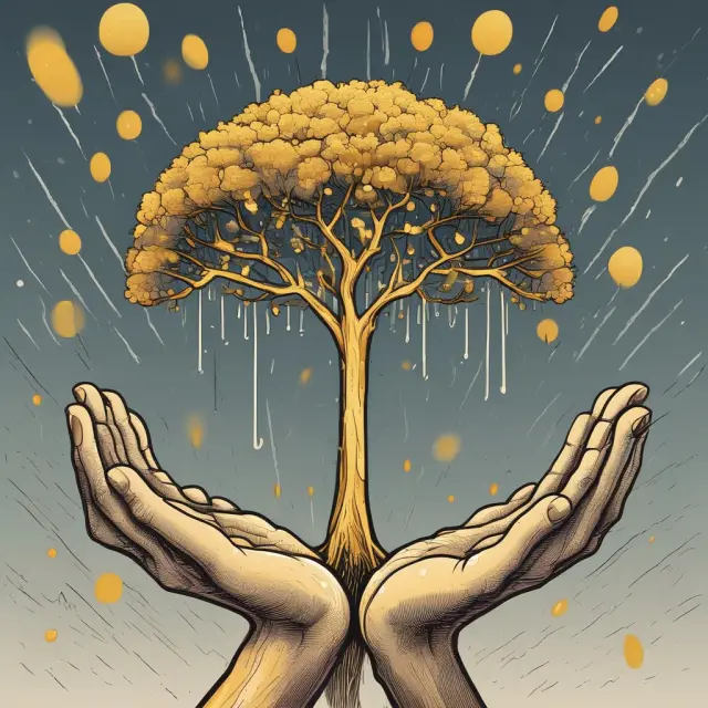 A tree showering bonus shares as raindrops on hands of investors, illustrating the concept of bonus issues