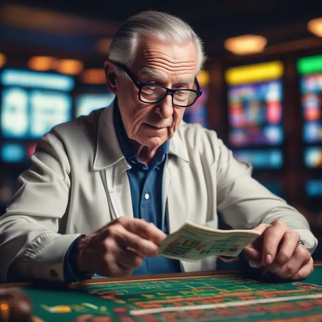 An elderly bookie setting odds with precision on a futuristic digital platform. Fusion of old traditions and new technology.