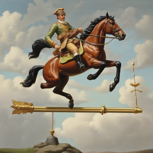 A bookie depicted as a weathervane, with bettor symbols on each arm representing odds. The turning of the weathervane symbolizes risk management and commission (vig) collection.