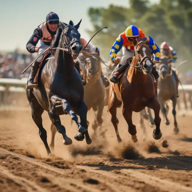 An AI bull and a human jockey racing on a digital racetrack, illustrating technology