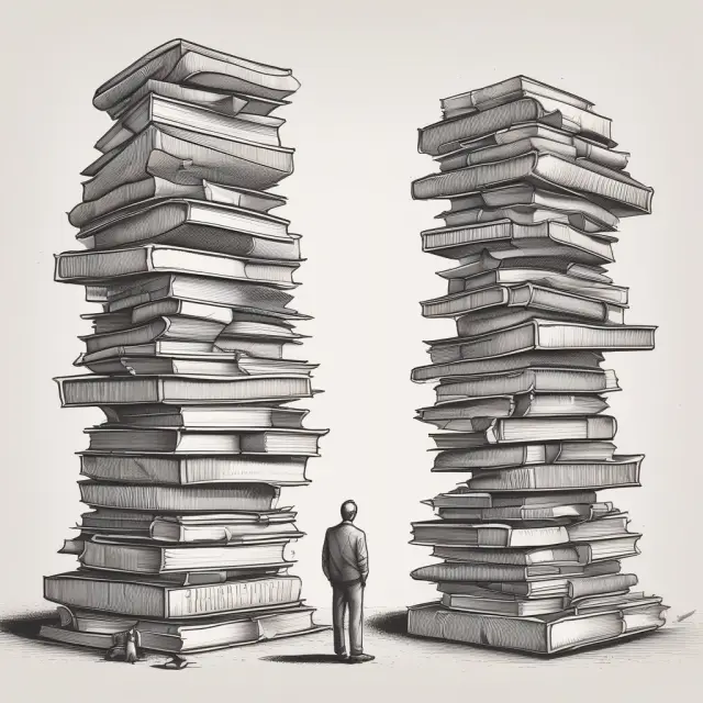 Two scholars in thoughtful discussion, weighing a traditional balance with books on one side and a growing tree with future earnings on the other