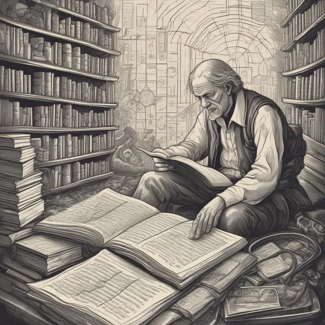 A value investor navigating a maze of financial data, utilizing high book-to-market ratios to identify undervalued securities