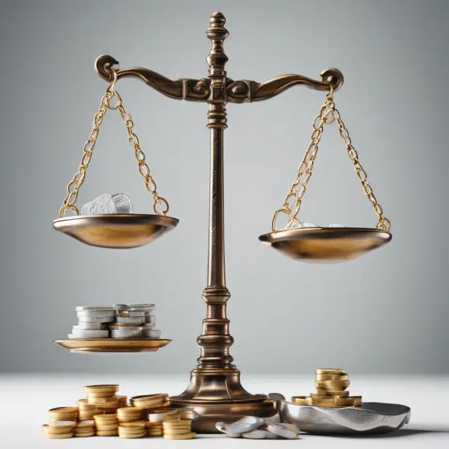 Golden coins for book value and silver coins for market value on a balance scale, highlighting their difference in worth