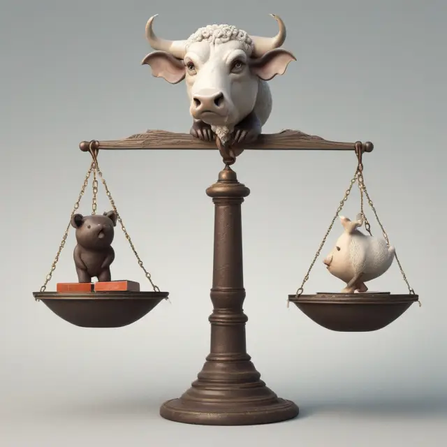 A balance scale with a market bull on one side representing MVPS and a book bear on the other side representing BVPS.