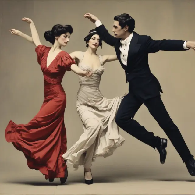 Three dancers in period costumes representing monetary policy, investor psychology, and excess investment engaging in an intricate economic tango