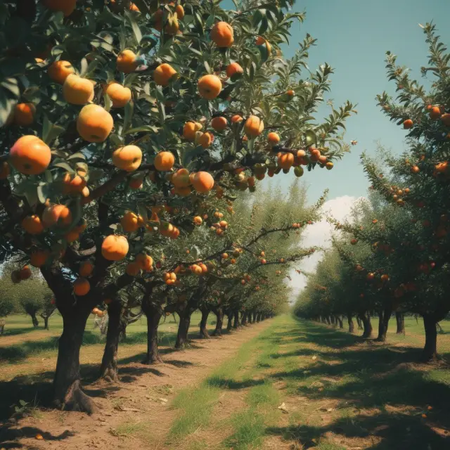 Lush orchard filled with ripe fruits, representing the economic expansion during the boom phase
