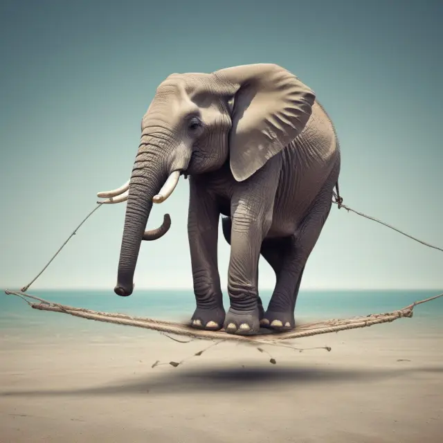 An entrepreneur balances control and resources, represented by an elephant and ocean, during the decision between bootstrapping and seeking external funding