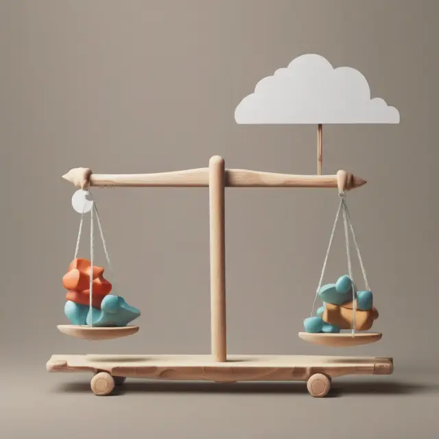 A scale balanced on a seesaw with one side representing capital investments, the other intangible assets, symbolizing the delicate balance in bootstrapping decisions.