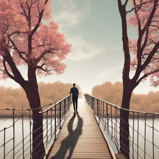 An entrepreneur stands on a bridge, connecting a seedling startup to various resource streams - books, organizations, and networking opportunities