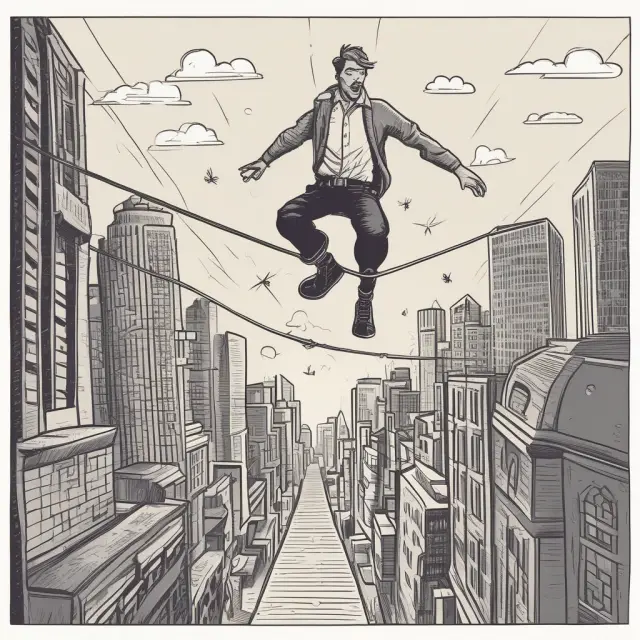 An entrepreneur balancing on a tightrope between personal finances and business growth, symbolizing the challenges and rewards of bootstrapping