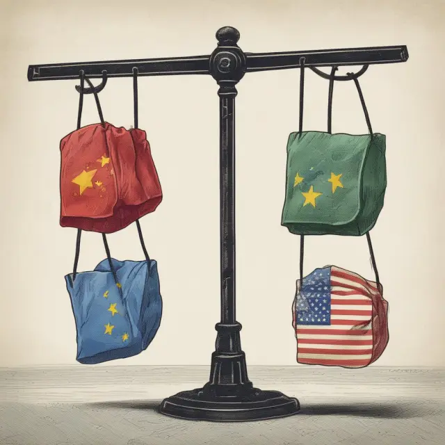 An intricately designed seesaw illustrating the economic balance between the United States, China, and Europe